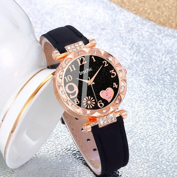 Brand New 2pc Black & Rose Gold Sparkling Watch & Black Heart Bracelet Set - Picture 4 of 5